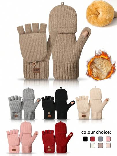 1 双女士冬季双层保暖触屏翻盖手套，鹿角皮革贴片设计，针织保暖手套，适合寒冷天气，可用于聚会、驾驶、游戏、骑行、徒步旅行、写作等场合。