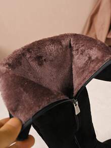 2025 Winter Women's Pointed Toe Suede Side Zipper Knee-High Boots, Versatile Flat Plus Size Over-The-Knee Boots, Thermal Lined Riding Boots - Black Cotton - View 2