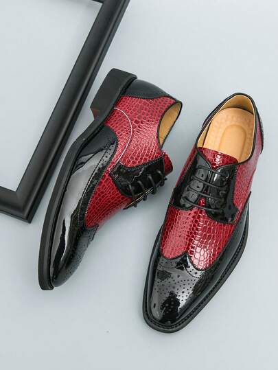 Men's Crocodile Embossed Color Block Pointed Toe Lace-Up Formal Dress Shoes, Suitable For Wedding, Office, Party