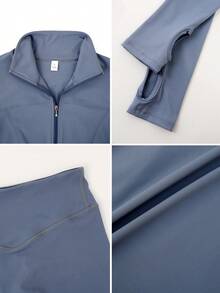 NcmRyu 1 Set Completo Sportivo da Donna con Collo Alto, Aderente, Cerniera e Foro per il Pollice, Tinta Unita - Blu - Visualizzare 4