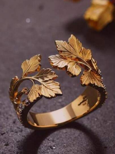 1 pezzo Anello vintage vintage personalizzato con foglia d'acero dorata, ramo con zirconi bianchi e cerchio, gioiello per dita da donna, accessorio di moda, regalo