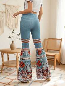 Plus Size Women Denim Effect High Stretch Loose Flare Pants With Pleated Patchwork Hem, Creative Design Casual Comfortable Wide Leg Trousers - Blue - View 4