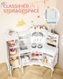 MAMIZO Kids Corner Play Kitchen, Ultimate Interactive Wooden Kitchen Playset With Lights & Sounds, Cooking Toy Set With Stove, Range Hood, Sink, Faucet, Ice Maker & Washing Machine - White - View 7
