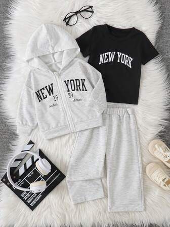 3 pièces Ensemble de tenue d'automne pour bébé garçon : Sweat-shirt à capuche zippé avec imprimé lettres + T-shirt à manches courtes blanc avec imprimé lettres + Pantalon décontracté de couleur unie