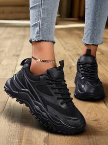 秋冬女式运动前厚底运动鞋，双色图案系带厚底鞋，黑色，轻便透气，舒适户外运动鞋 - 黑色 - 查看 14