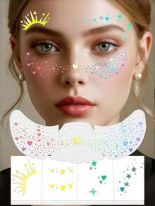 6 Blatt Glitzer Sommersprossen Gesichts-Tattoo mit Herzen, Sternen, Punkten, wasserfeste Regenbogen-Glitzer Sommersprossen, holografischer Glitzer temporärer Tattoo Aufkleber für Musikfestivals, Dates, Proms, Partys, Make-up Accessoires