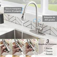 Saetow Grifos para fregaderos de cocina, grifos de cocina en níquel cepillado/negro mate con rociador extraíble, grifos monomando de acero inoxidable de arco alto con tapa para fregaderos de 1 o 3 orificios, grifos para fregaderos de cocina para casas de campo, caravanas, lavanderías y mostradores de bar - Níquel Cepillado - Ver 8
