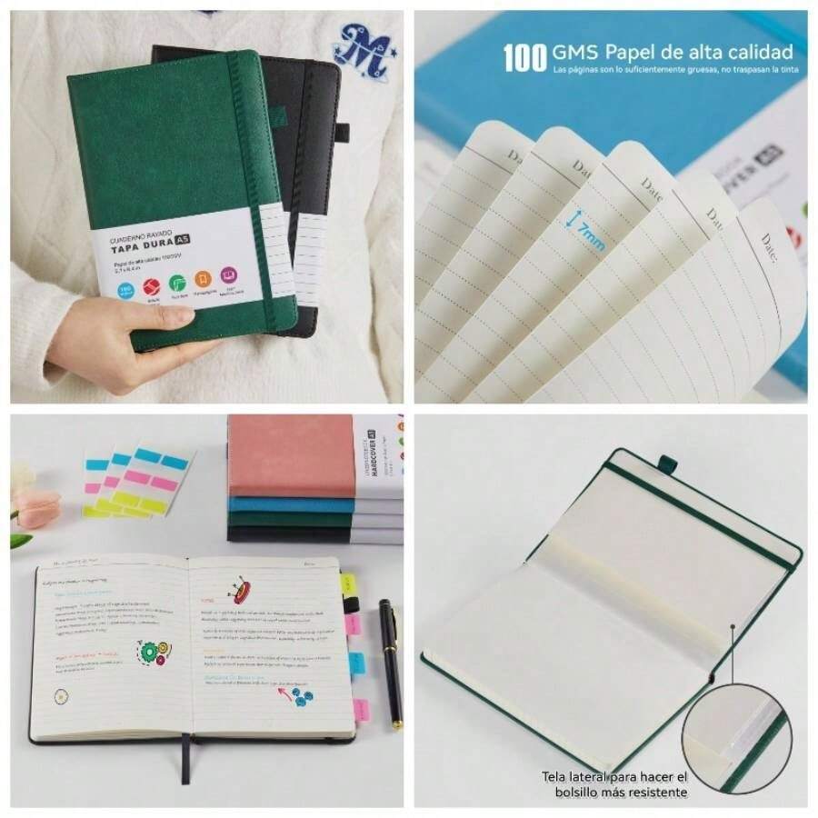 Cuaderno Tapa Dura A5 Para Escribir, Paquete De 2 Diarios, Cuaderno De Cuero, Papel Rayado De G, Para El Trabajo, La Escuela, Notas Y Diarios. Negro+ Verde - Negro + Negro - Ver 1