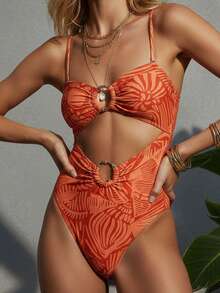 Costume da bagno intero sexy con taglio sulla schiena e anello, con stampa full body, adatto per vacanze al mare in estate - Arancione - Visualizzare 6