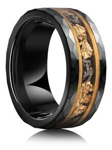 Men's 8mm Black Tungsten Ring With Meteorite Golden Foil Inlay – Stylish Hexagonal Pattern Engagement & Wedding Band, Perfect For Casual Attire Or Special Occasions