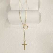Luxval Lariat Gold Necklace For Women, Dainty Long Necklace 14k Gold Plated/Silver Y-Shaped Pendant Necklaces  Beaded Chain Drop Necklaces Jewelry For Women Gifts{"Color_name":"Gold-YCircleCross"} - 金-YCircleCross - 查看 4