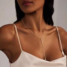Luxval Lariat Gold Necklace For Women, Dainty Long Necklace 14k Gold Plated/Silver Y-Shaped Pendant Necklaces  Beaded Chain Drop Necklaces Jewelry For Women Gifts{"Color_name":"Gold-FourCZYNecklace"} - 金-FourCZY項鍊 - 查看 5