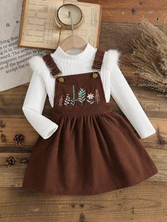 Conjunto de vestido de peto para niñas de 4 a 7 años, con blusa de cuello alto de manga larga + vestido de peto bordado, conjunto de moda y lindo adecuado para uso casual, de fiesta y diario