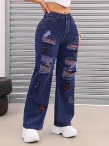 Women's Fashion Ripped Floral Print Straight Leg Wide Leg Jeans Casual Spring - Medium Wash - View 4