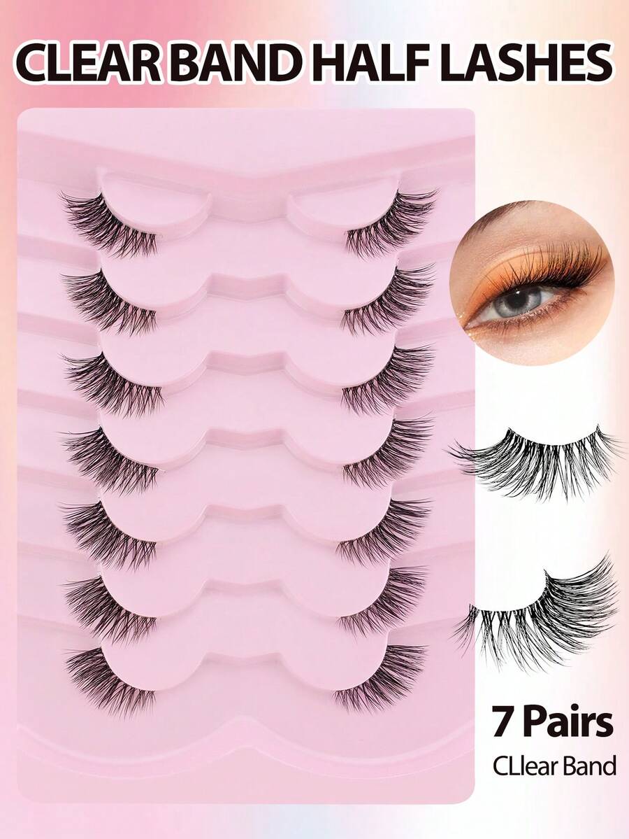 7 Pairs Half Lashes Clear Band 14mm Cat Eye Tail Elongated Lashes 3/4 Corner False Eyelashes Natural Look