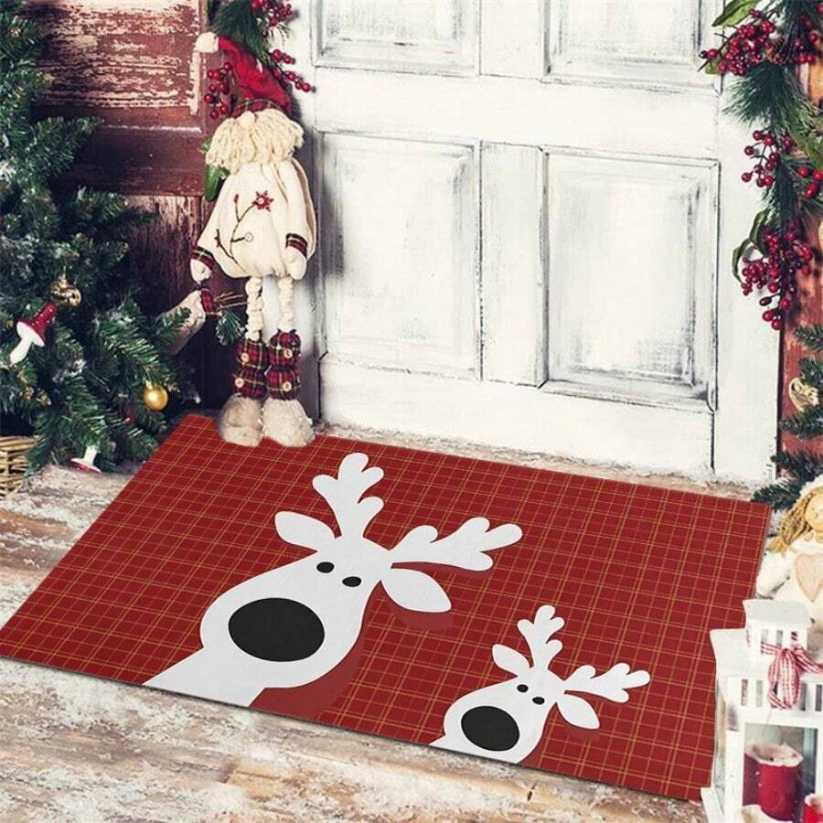 1pc Christmas Velvet Doormat, Reindeer Pattern Entrance Rug, Durable Non-Slip Floor Mat For Home Entryway - Red - View 1