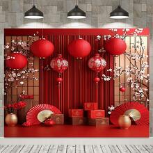 1pc Chinese New Year Party Backdrop, 100% Polyester Red Lantern Decor, Suitable For Weddings And General Celebrations, No Electricity Required - 1PCS - View 4