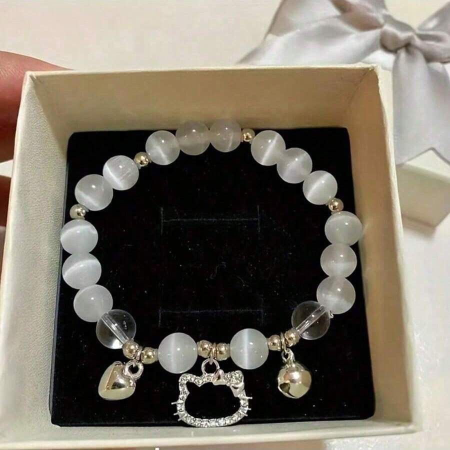 1pc Hello Kitty Y2K Style Elastic Pearl Bracelet With Heart Pendant, Cute Cartoon Bracelet, Perfect Gift For Birthday And Holidays