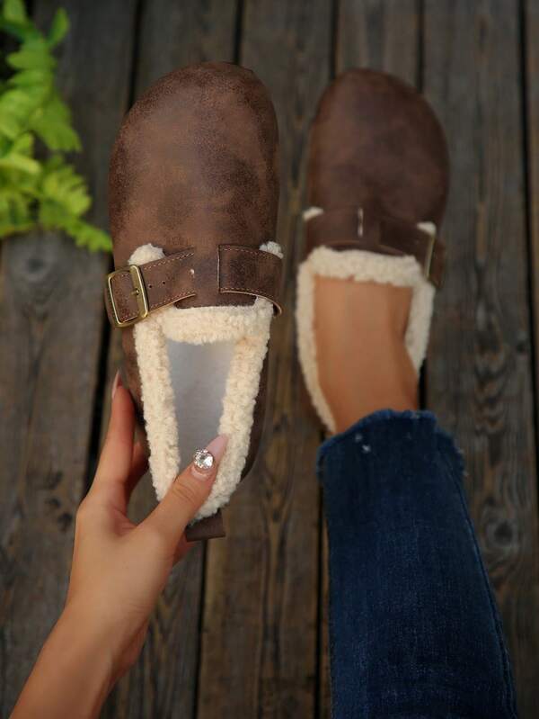 1 Pair Solid Color Western Style Casual Outdoor PU Leather Buckle Loafers, Versatile For Leisure, Autumn/Winter