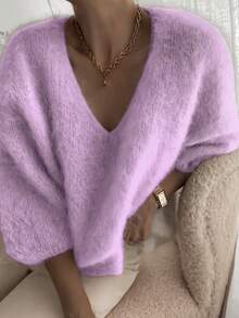 Nouveau pull ample à col V - Modèle à manches 3/4 court, tissu doux, pull femme oversize en velours polyester unicolore col V pour la maison et le port quotidien, indispensable pour l'automne/hiver - Nouvel An - Lilas - Voir 1