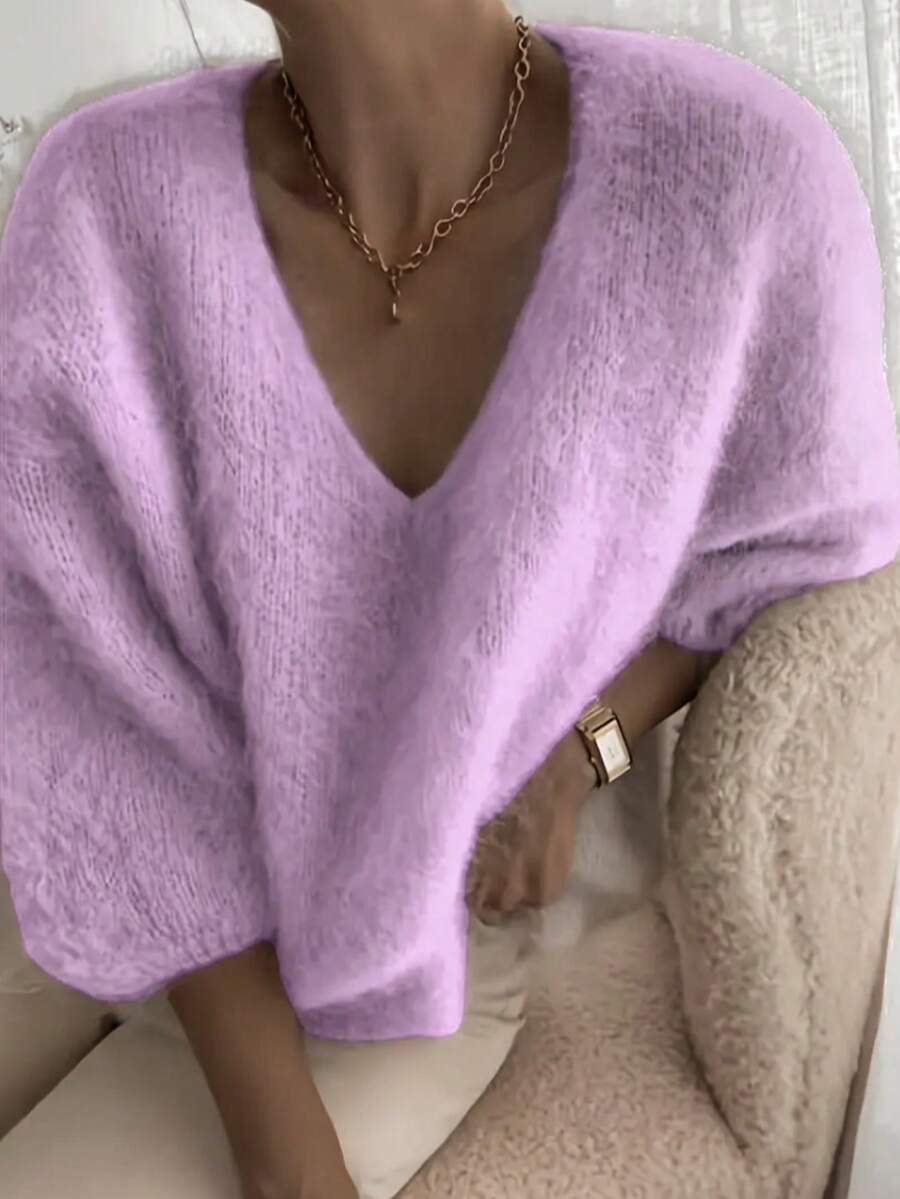 Nouveau pull ample à col V - Modèle à manches 3/4 court, tissu doux, pull femme oversize en velours polyester unicolore col V pour la maison et le port quotidien, indispensable pour l'automne/hiver - Nouvel An - Lilas - Voir 1