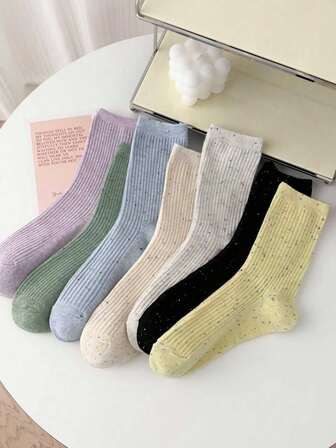 5双装女士中筒袜，波点条纹透气休闲运动袜