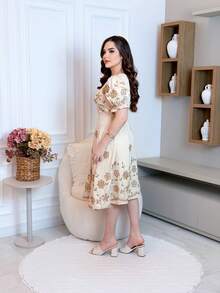 Elegant Viscose Midi Dress With Short Sleeves - Krem - View 2
