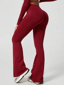 NcmRyu 1 Set Women Seamless Ribbed Zip Up Mock Neck Long Sleeve Flare Pants Activewear Suit Spring - Đỏ - Xem 11