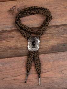 1pc Unique Design Bolo Tie With Leopard Print Ribbon, Gemstone Inlaid Geometric Alloy Pendant Long Necklace