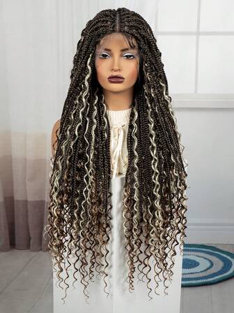 A ANYTIME Peluca de trenzas bohemias con cabello sintético rizado y encaje frontal completo para mujeres, peluca de trenzas de diosa, peluca de trenzas bohemias color borgoña