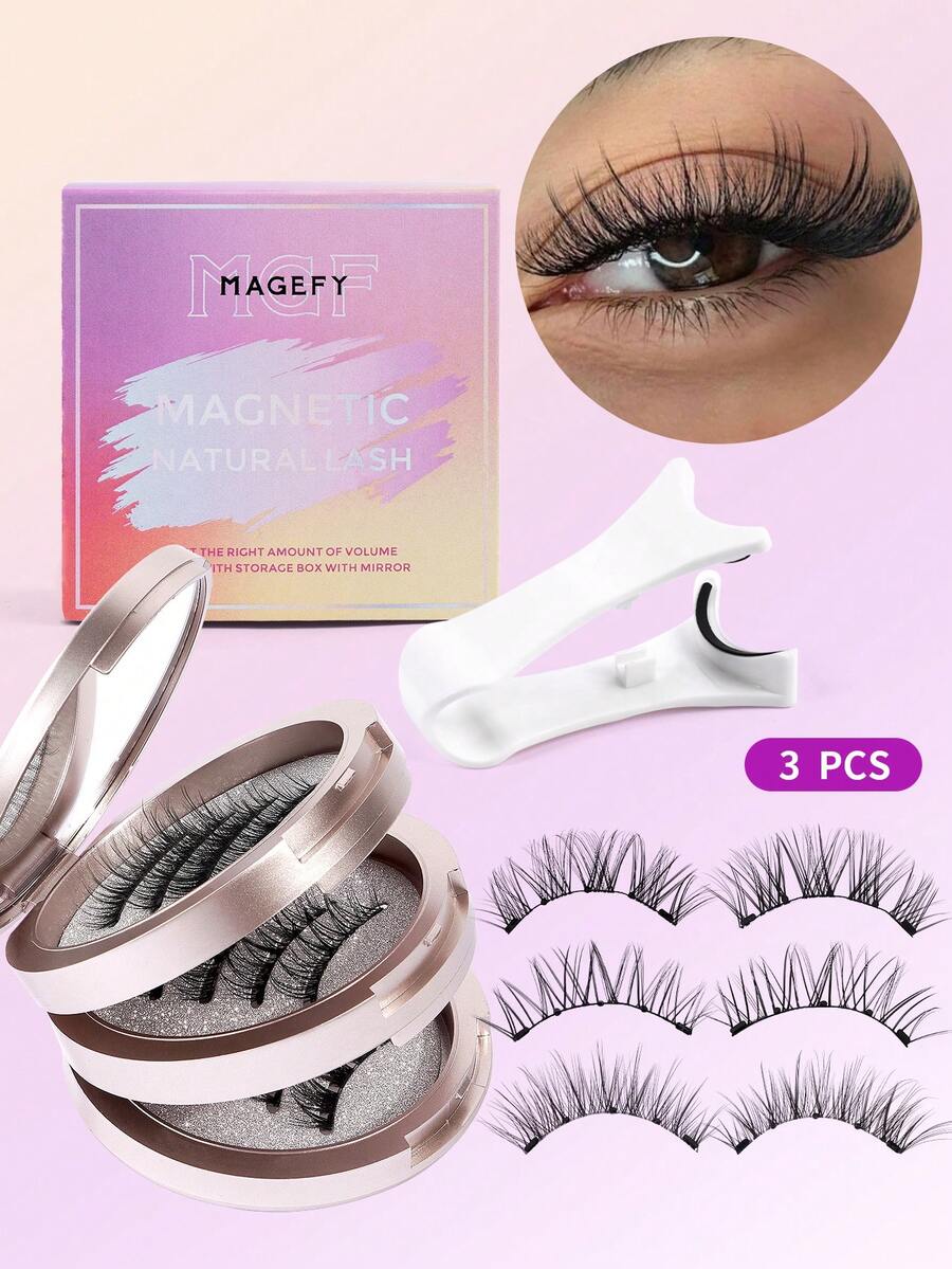 MAGEFY 3 Pairs Magnetic False Eyelashes Set, Includes Magnetic Clips, Multi-Function Brush, 3 Curled Lashes, And Eyelash Curler, Mixed Styles, No Glue Needed, Round Magnets, Long-Lasting, Natural & Realistic, Reusable, 7-13mm Faux Mink Lashes, Suitable For Daily Wear, Waterproof, Cartoon Style, Extended Outer Corner Design, Enlarges Eyes, Slim & Long, Ideal For Travel, Beach, Camping - 自然纖長款 - 查看 1