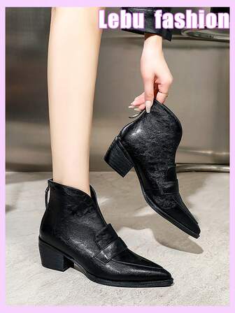 Women's Fashion Ankle Boots, Short Boots For Autumn/Winter, New Western Style French Slim Pointed Toe High Heel Shoes, Chunky Heel, Zipper Back, Elegant Office Work Casual Date Booties