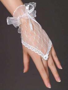 Party 1pair Women Rhinestone & Bow Decor Fashionable Fingerless Gloves For Daily Life Halloween Valentine's Day Valentines Christmas - 白色 - 查看 2