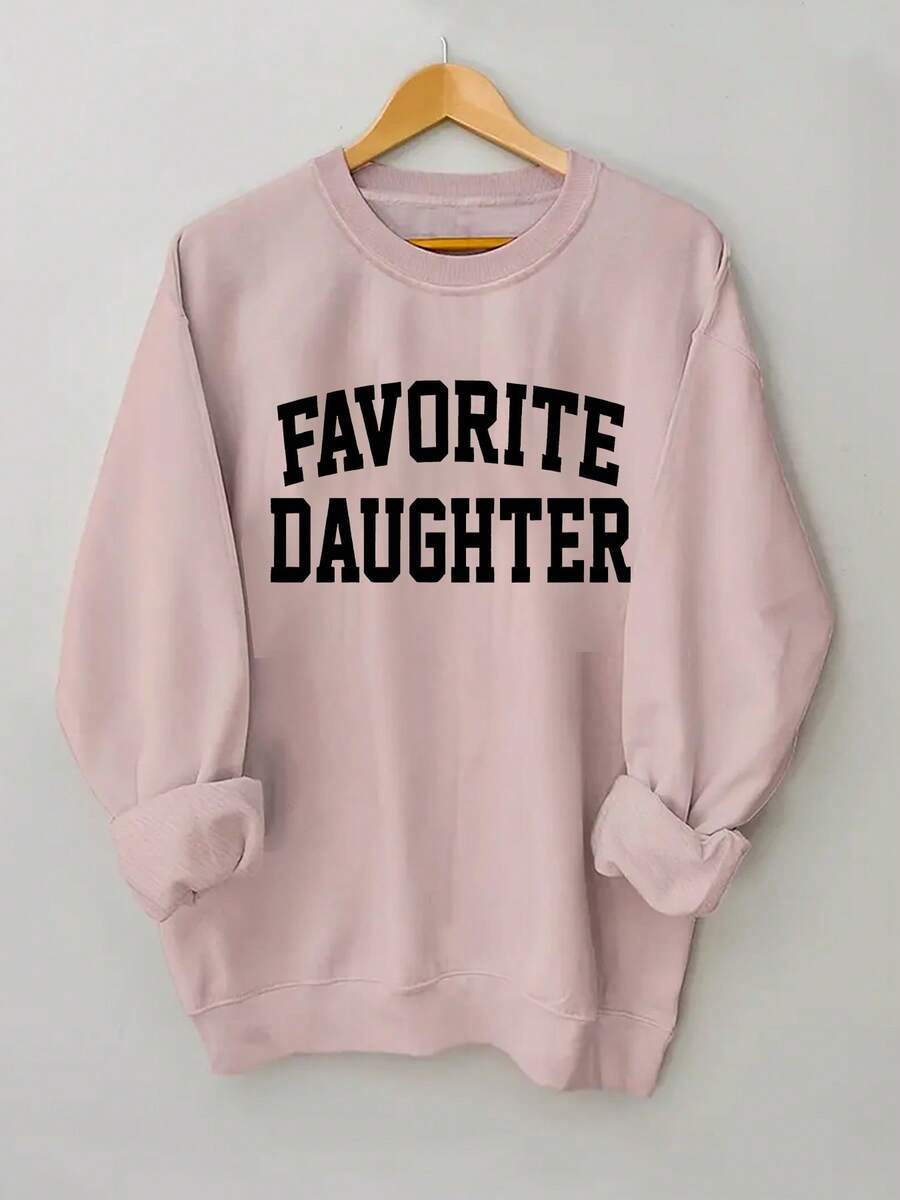 2025FAVORITE DAUGHTER Graphic Print Women's Casual Sweatshirt - Black Round Neck Long Sleeve Pullover, Machine Washable Autumn Winter Warmth, Perfect Gift For Daughters, Sweaters For S, Cozy Winter Apparel, Relaxed Fit Pullover, Comfortable CasualwearSoft And Breathable - 粉色 - 查看 1