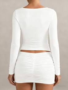 XLLAIS Plain Long Sleeve Casual White Top, Women's Scoop Neck T-Shirt, Suitable For Back To School Season, Autumn/Winter, Valentine's Day - White - View 10