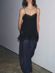 Lace Trim Cami Top For Women, Sleeveless Spaghetti Strap Tank, Elegant Summer Blouse - Black - View 7