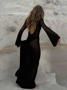 Sexy Backless Long Sleeve Sheer Mesh Dress, Beach Cover Up Swimsuit Dress With Round Neck - Black - View 1