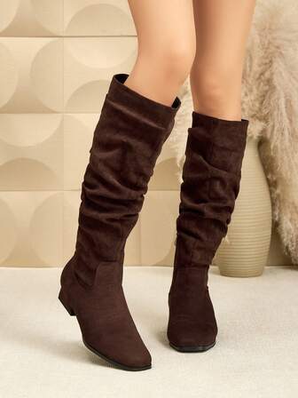 Women's Thick Heel Square Toe Faux Suede Side Zipper Ruched Comfortable Slouch Boots, Autumn/Winter