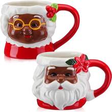 D2 Pcs Black Mrs. Santa Claus Mugs African American Mrs. Santa Claus Ceramic Mugs Christmas Holidays Gifts Set Bulk Vintage Camping Coffee Tea Cups For Couples Xmas Gifts Party Plies - 黑色 - 查看 1