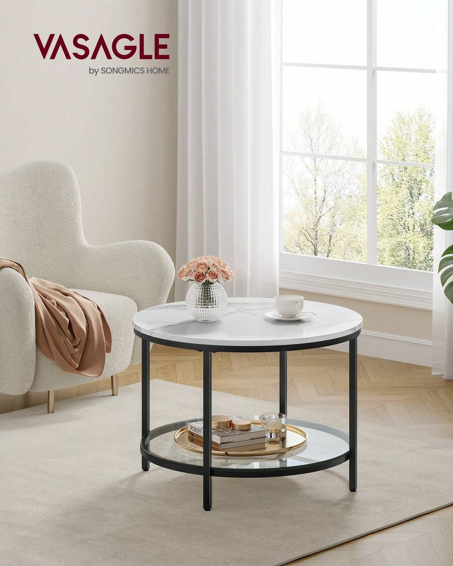 Coffee Table, Living Room Table, Sofa Cocktail Table Faux Marble Round, Tempered Glass Storage Shelf, Easy To Assemble, Modern Style, For Living Room, Marble White And Ink Black - White - View 1