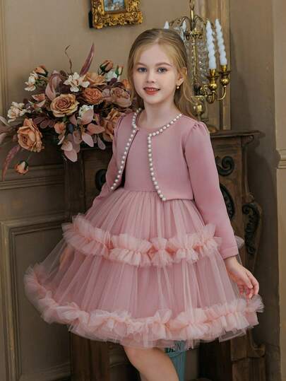 两件套女童串珠薄纱网纱派对礼服，优雅公主裙，花童礼服，适合特殊场合、节日、正式活动、化装舞会、生日派对等。