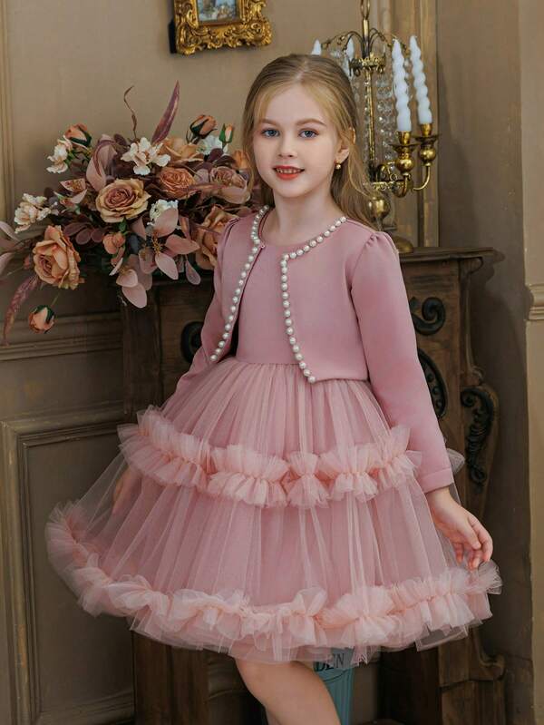 2pcs/Set Young Girl Beaded Tulle Mesh Party Dress, Elegant Princess Dress Flower Girl Dress For Special Occasions, Festivals, Formal Events, Costume Party, Birthday