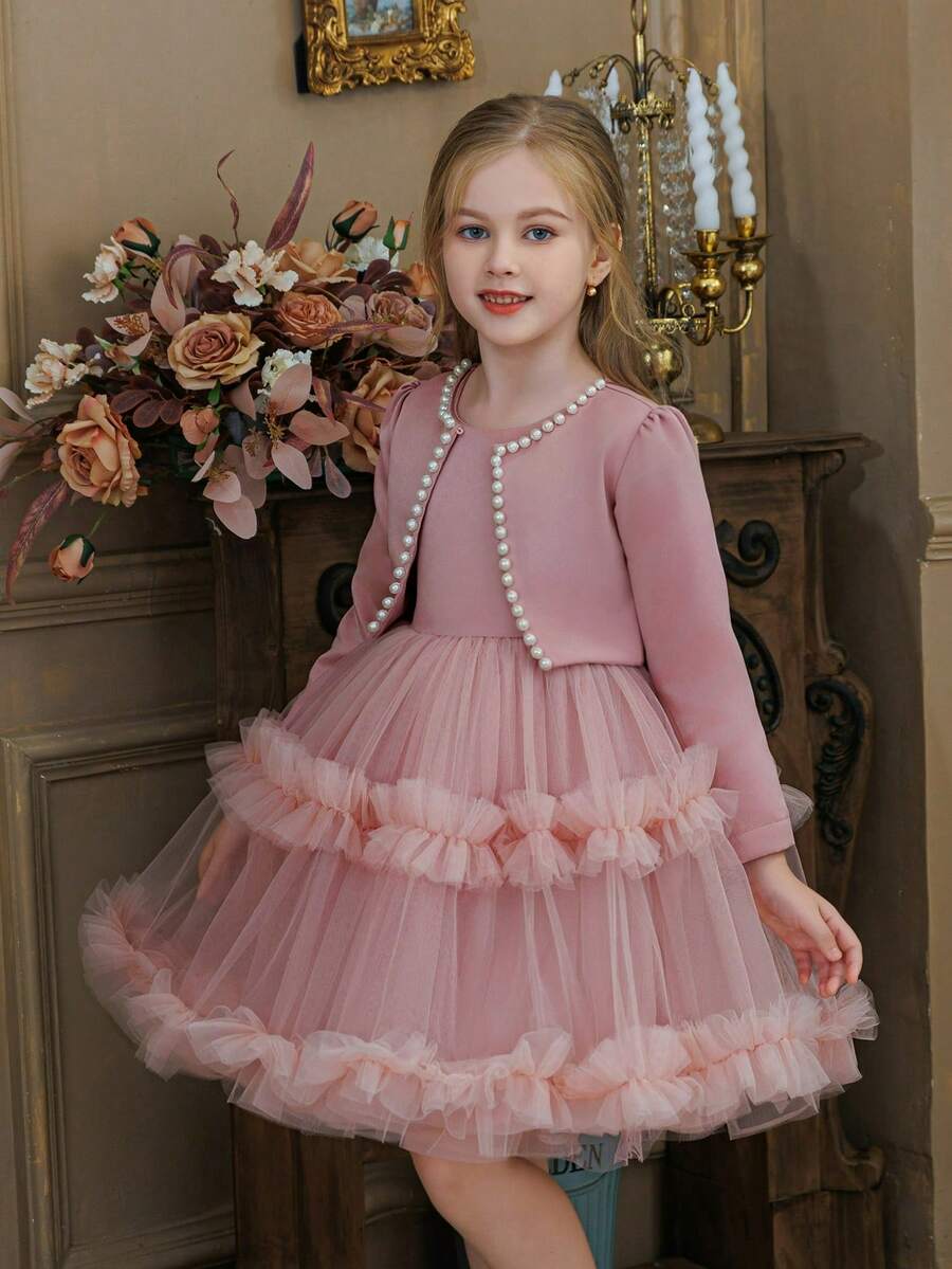 2pcs/Set Young Girl Beaded Tulle Mesh Party Dress, Elegant Princess Dress Flower Girl Dress For Special Occasions, Festivals, Formal Events, Costume Party, Birthday - 粉色 - 查看 1