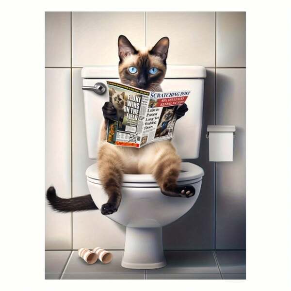 Cartel de arte en lienzo con un encantador gato siamés en el inodoro - Perfecto para la decoración de la sala de estar, el dormitorio o la oficina - Idea de regalo única, sin marco