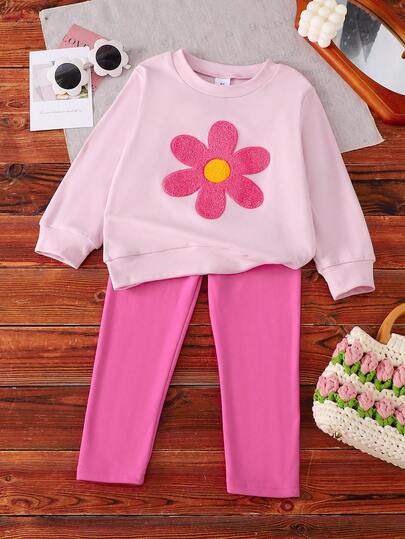 Young Girl Pink Floral Embroidered Long Sleeve Top And Pants Set, Autumn/Winter
