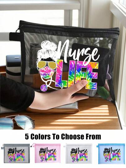 一款大容量网眼化妆包，有5种颜色可选，配有拉链，印有护士、生活、听诊器、口罩等图案。它是一款多功能视觉化妆收纳包、文件多用途旅行包、沙滩手提包。