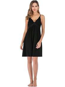 ¡RecomendadoHomeChi Camisón Sin Mangas para Mujer, Sexy Camisón con Cuello En V hasta la Rodilla, Vestidos Correa de Espagueti de Encaje Suaves y Holgados¡Top de Temporada - Negro - Ver 1