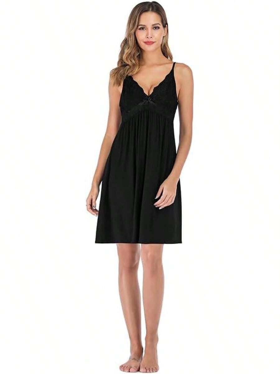 ¡RecomendadoHomeChi Camisón Sin Mangas para Mujer, Sexy Camisón con Cuello En V hasta la Rodilla, Vestidos Correa de Espagueti de Encaje Suaves y Holgados¡Top de Temporada - Negro - Ver 1