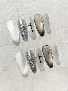 10 件 Y2K 蝴蝶翅膀装饰美甲套装，包含金属猫眼、水钻、蜘蛛网图案、可重复使用的指甲贴，适合派对、音乐会，轻巧奢华 - 銀色 - 查看 23