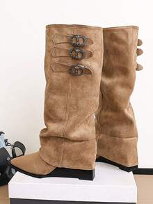 Women's Light-Colored Over-The-Knee Boots, Fashion Khaki Wedge Heel Boots, New Autumn/Winter Pants Boots, Riding Boots, Tall Pleated Boots, Khaki Suede Mid-Calf Slip-On Boots